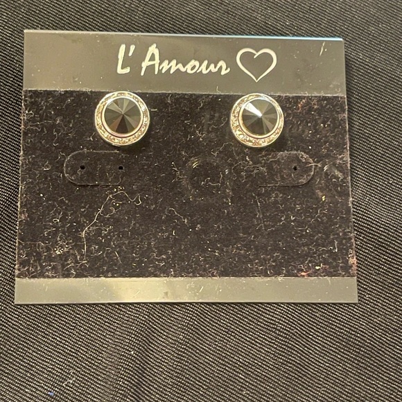 L'Amour Black and Silver Stud Earrings - Picture 1 of 3